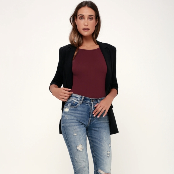 Lulu's Closer to You Burgundy Ribbed Backless Bodysuit with High Neckline - Picture 4 of 9
